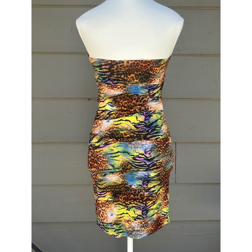 Vtg XXI Forever 21 Y2K Neon Rainbow Cheetah Leopard Ruched Strapless Dress M - Picture 4 of 7
